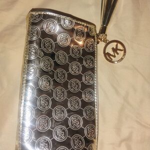 Michael Kors Metallic Gold Embossed MK Log Cosmetic Bag